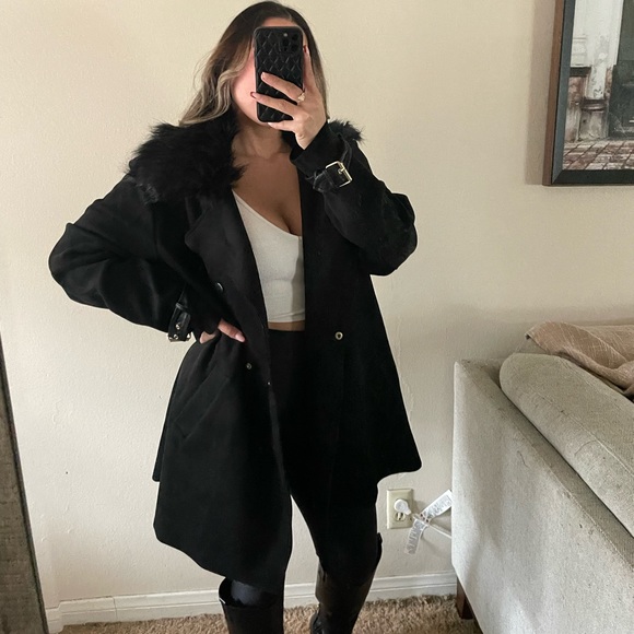Simply Styled black suede faux fur coat - Picture 3 of 8